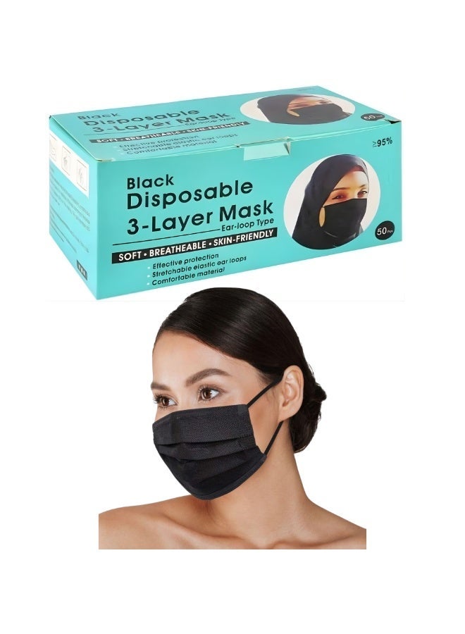 50 قطعة كمامة وجه للاستخدام مرة واحدة، للجنسين، للبالغين، كمامة وجه ثلاثية الطبقات مع حلقة أذن مرنة - أسود (غير طبي) - Image 4